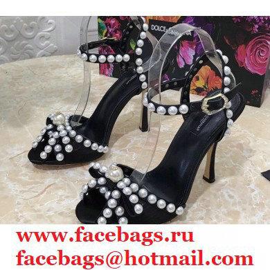 Dolce & Gabbana Heel 10.5cm Satin Sandals Black with Pearl Application 2021